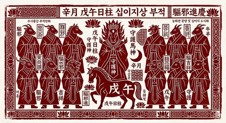 A red woodblock-style picture like a talisman, with a horse and guardian figures