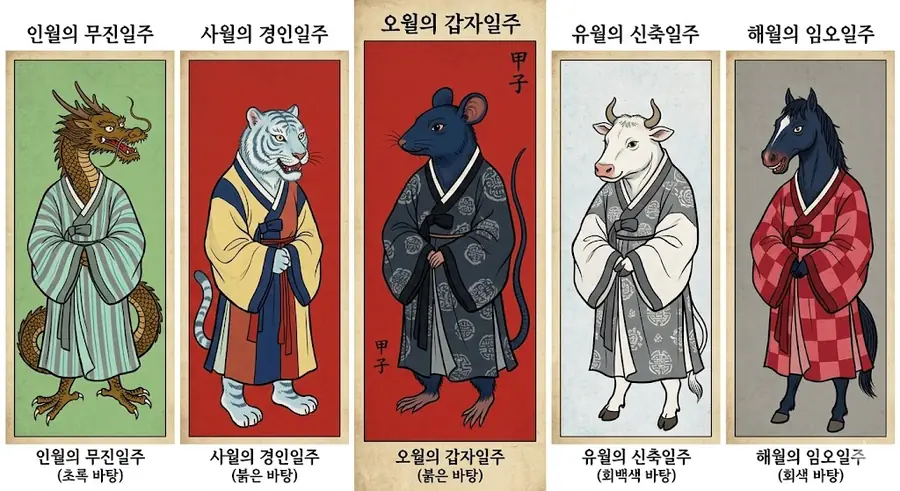 Five panels of a dragon, tiger, rat, ox and horse in hanbok on coloured grounds