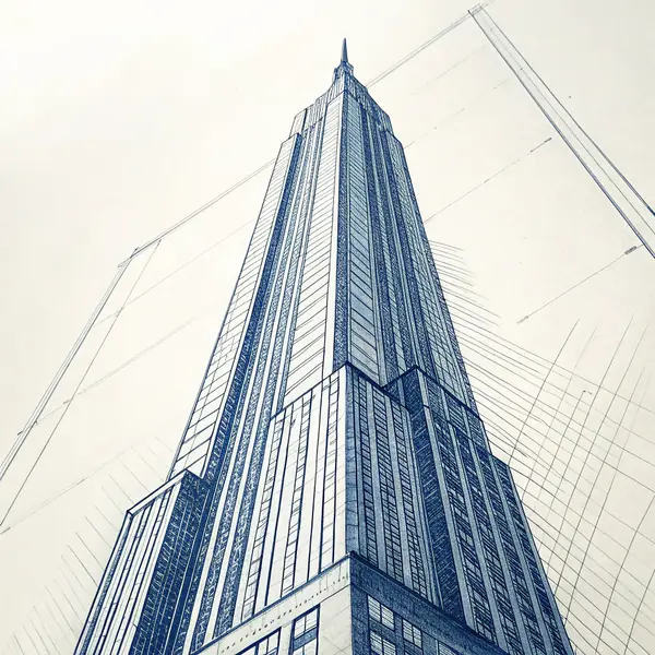 A blue-line blueprint sketch of a skyscraper seen from below