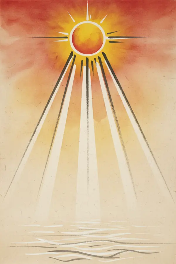 A midday sun with beams of light shooting downward