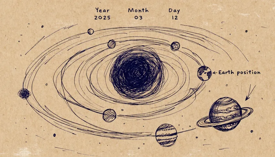 갈색 크래프트지에 펜으로 그린 태양계 궤도 스케치, 위에 Year·Month·Day 숫자