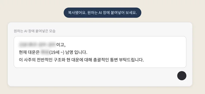복사된 명식과 질문을 AI 입력창에 붙여 넣은 모습, 간지는 흐리게 처리