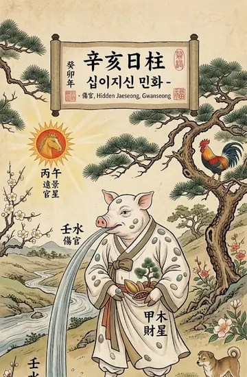 보석을 박은 옷을 입은 돼지가 그려진 민화풍 그림
